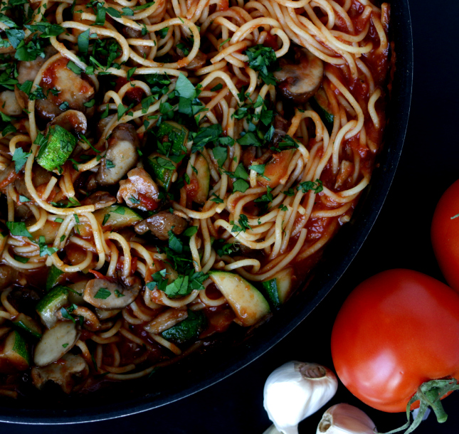 Weekday Dinner Idea Mushroom & Zucchini Pasta Marinara